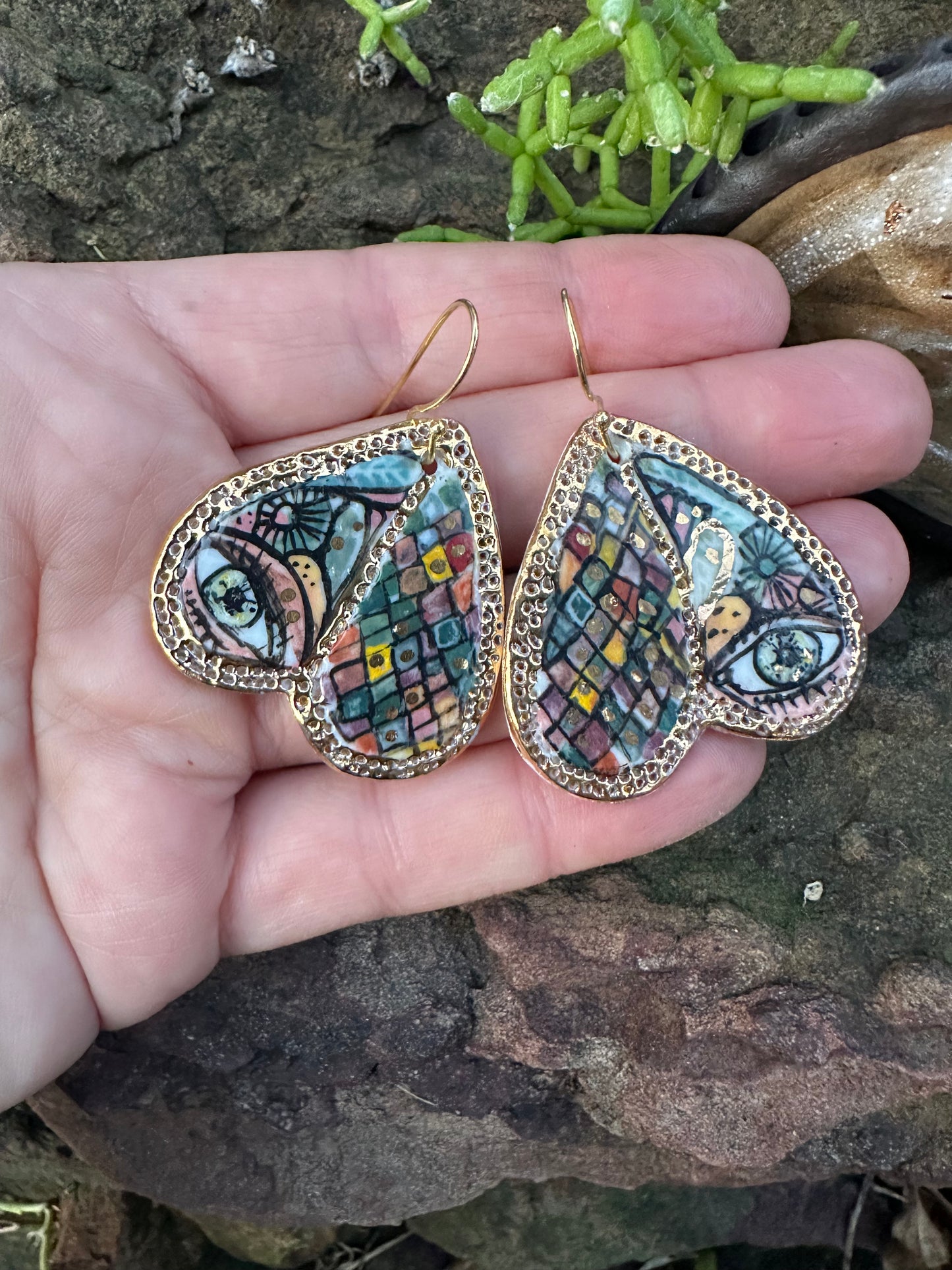 ‘Wings’ Porcelain Earrings with hand painted protective eye design