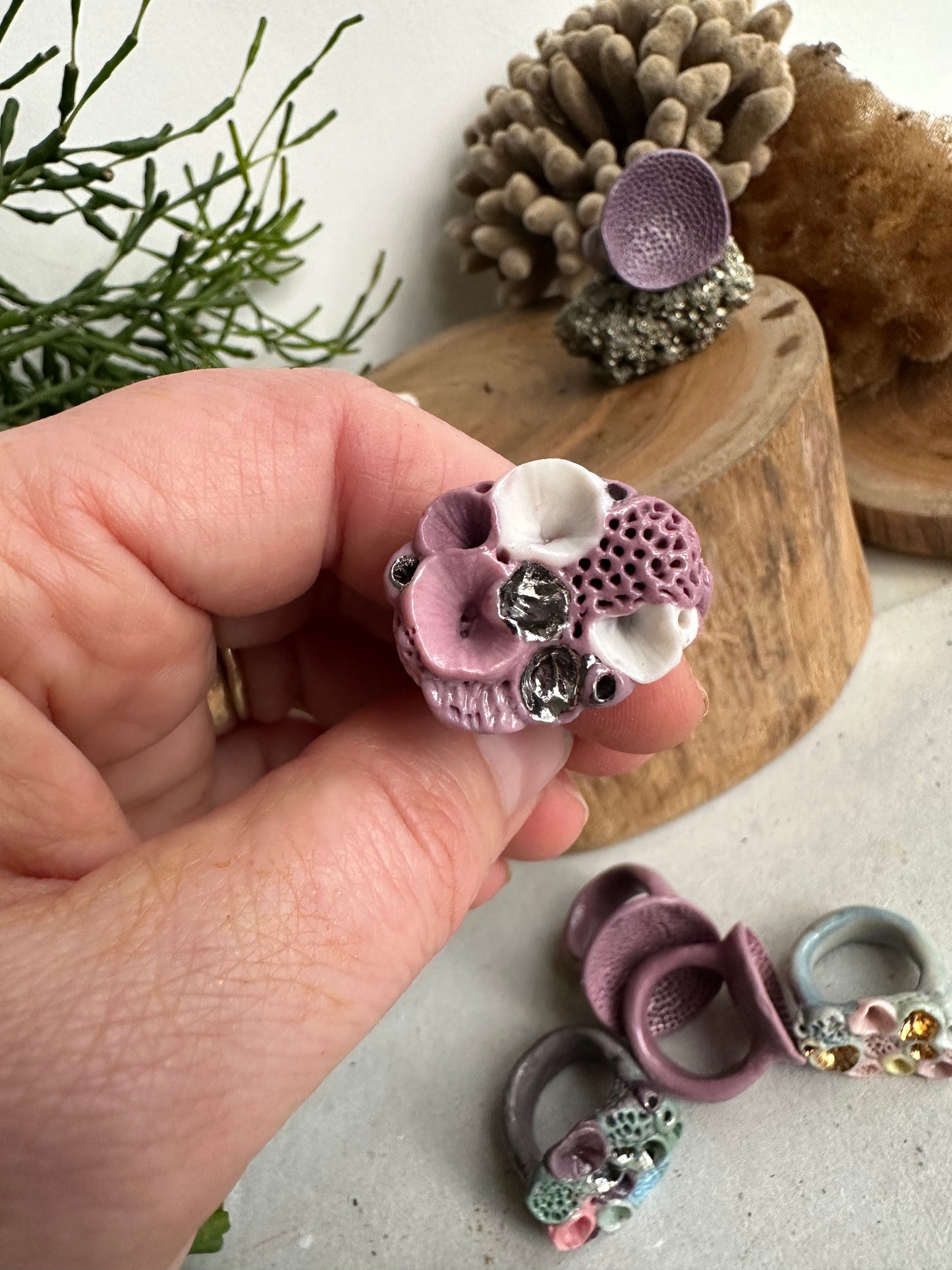 Handmade porcelain ‘rock coral’ rings, purples/ pinks