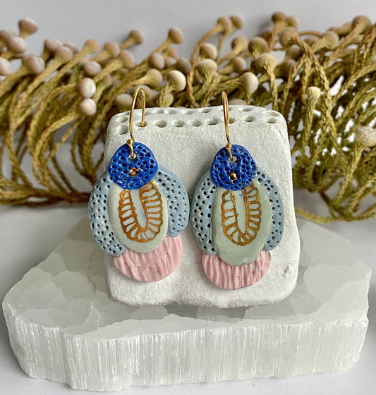 Hand Painted Pink, Blue and Gold Porcelain Earrings