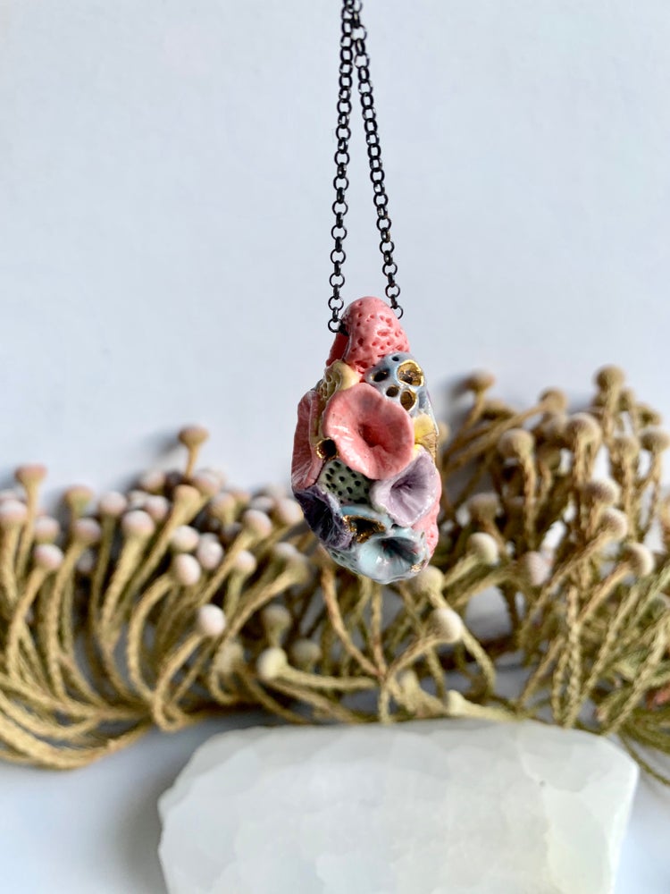 Coloured porcelain ‘coral’ pendant on oxidised sterling silver chain