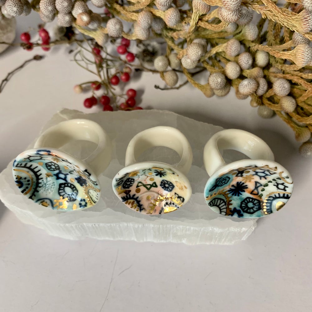 ‘Stars and cells’ hand painted porcelain ring, choose a size