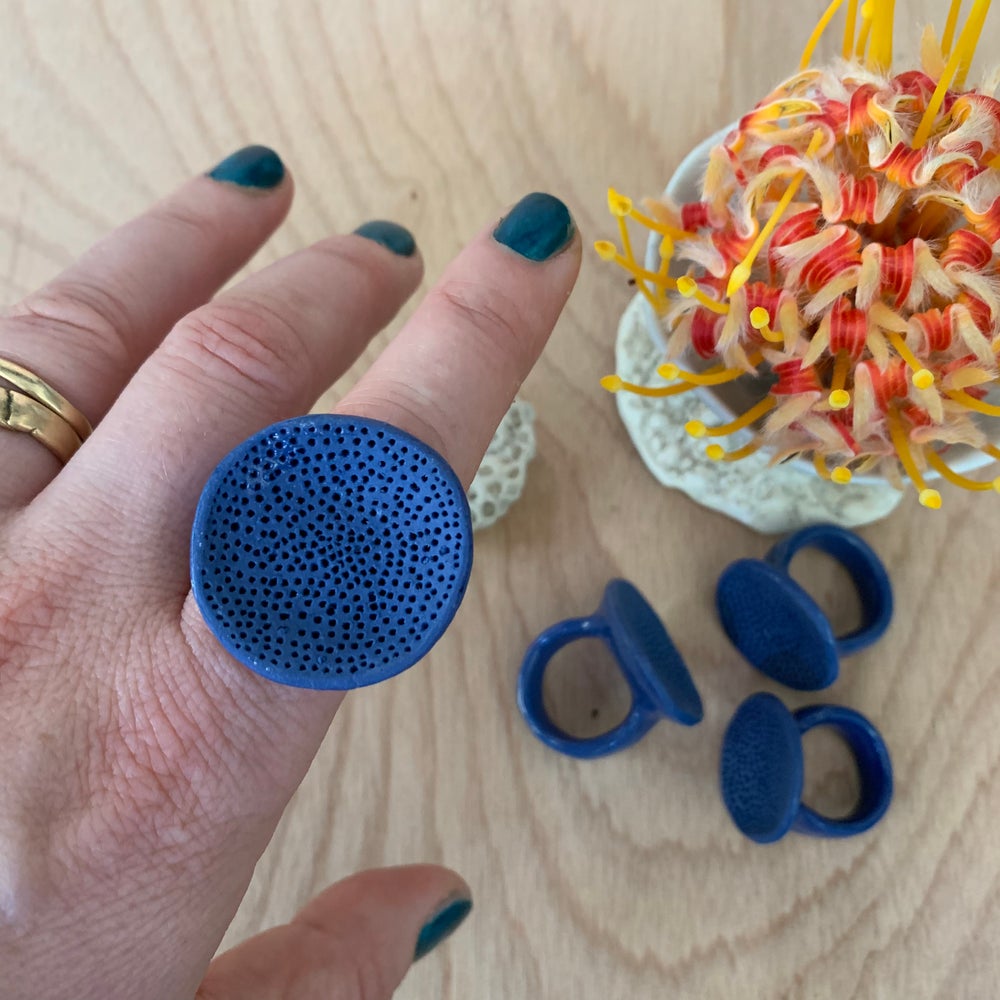 Round bright blue ‘rock coral’ porcelain rings, choose your size
