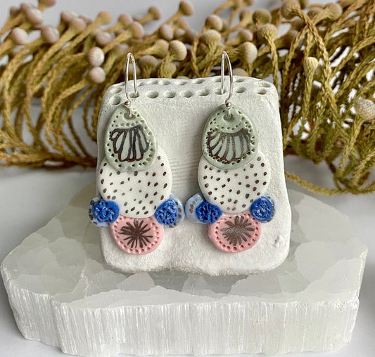 Hand Painted Blue, Pink, White and Silver Porcelain Earrings