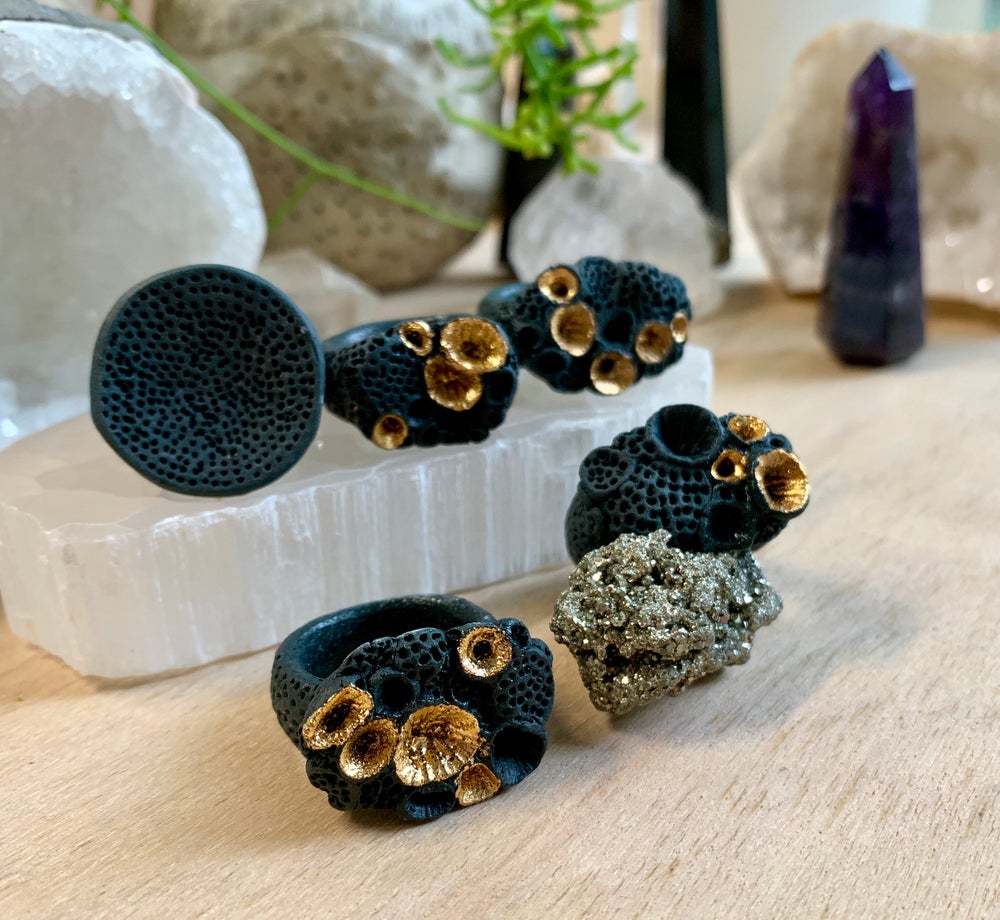 Black porcelain + gold lustre ‘rock coral’ ring, choose a size