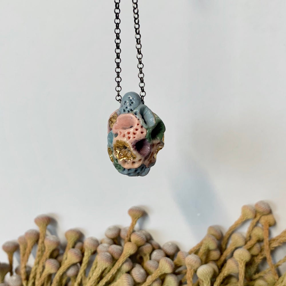 Coloured ‘rock coral’ pod pendant on oxidised sterling silver chain