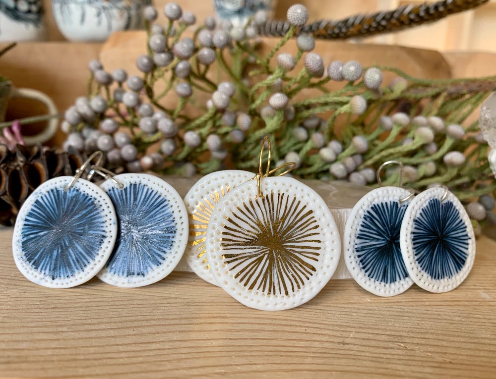 Hand painted porcelain earrings with blue or gold lustre ‘Star’ design, choose a pair