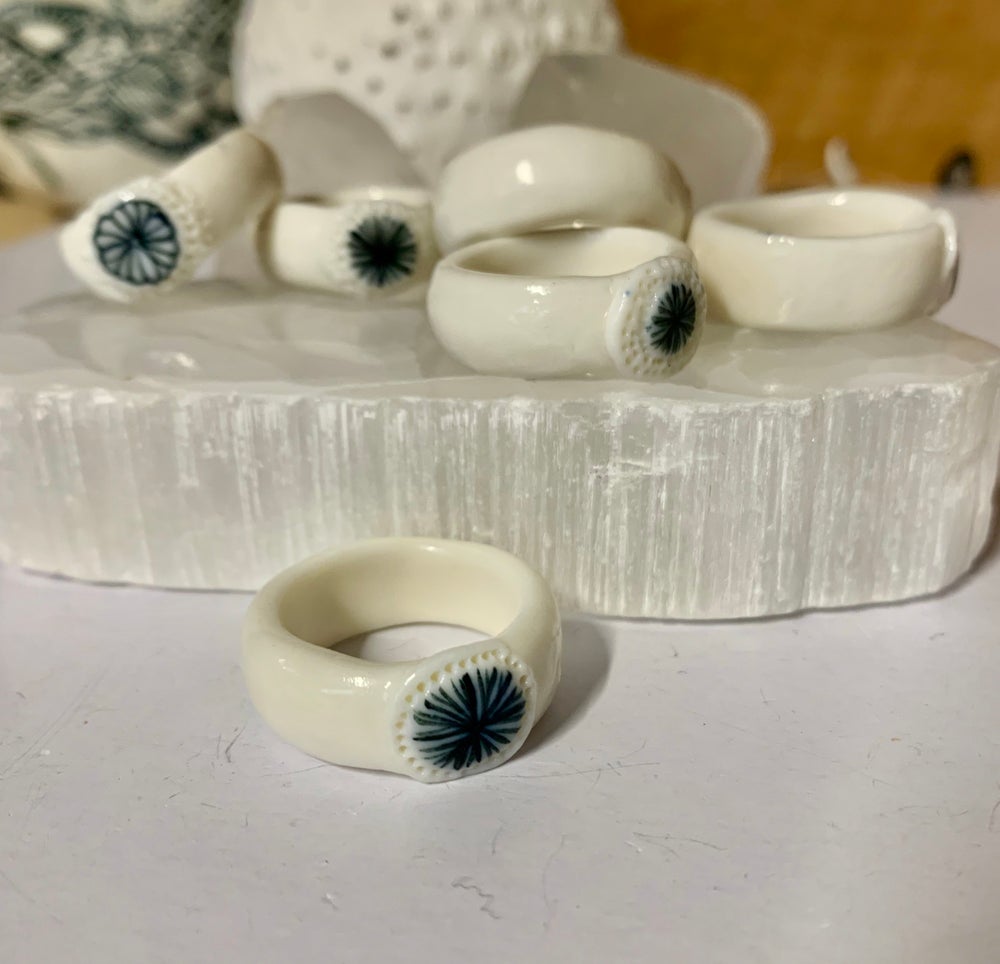 Porcelain band ring with indigo painted detail, choose your size