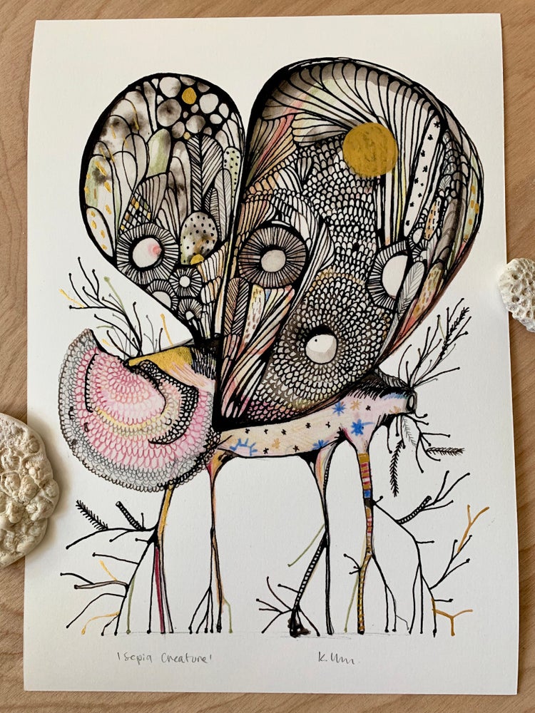 ‘Sepia creature’ giclee print with hand applied gold ink detail