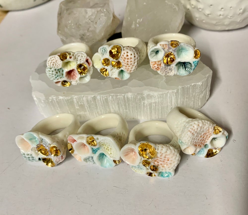 White and watercolour ‘rock coral’ porcelain ring with gold detail, choose your size