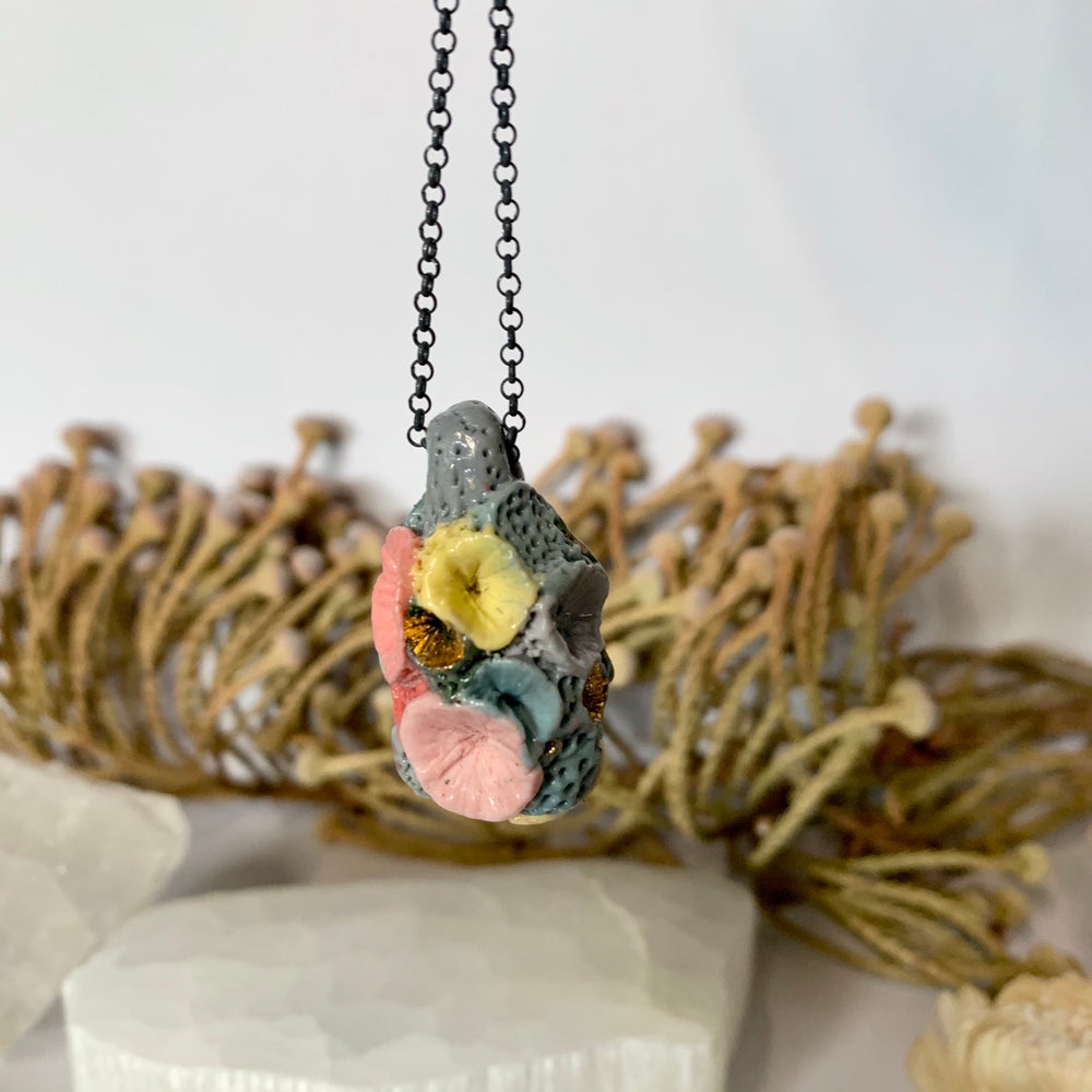 Coloured ‘rock coral’ porcelain pod pendant on oxidised sterling silver chain