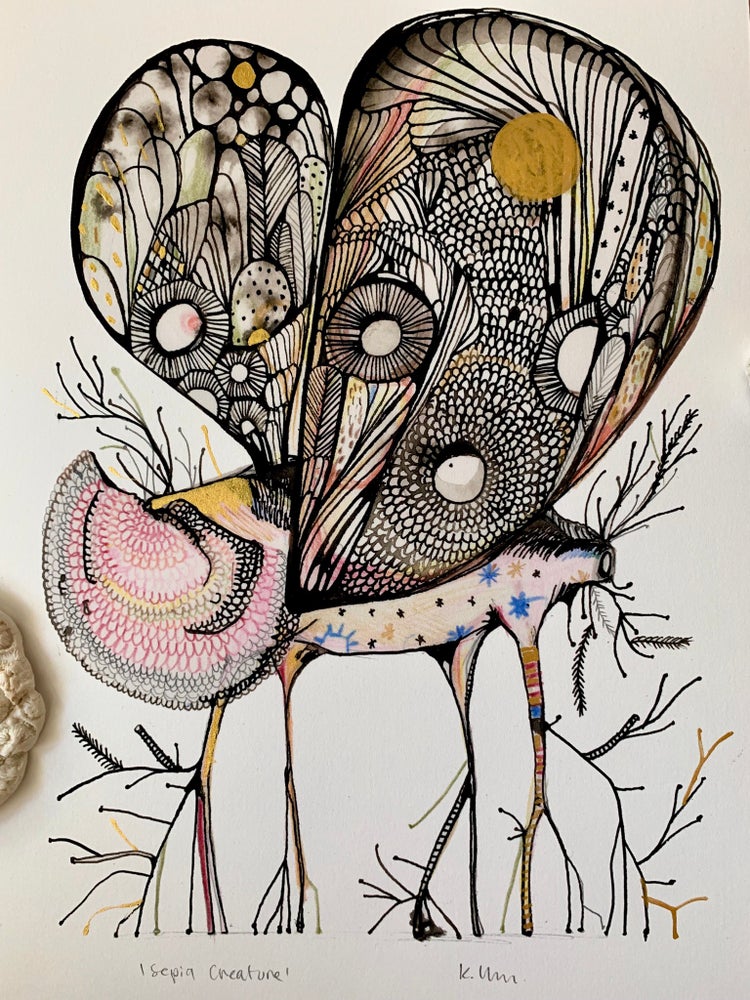 ‘Sepia creature’ giclee print with hand applied gold ink detail