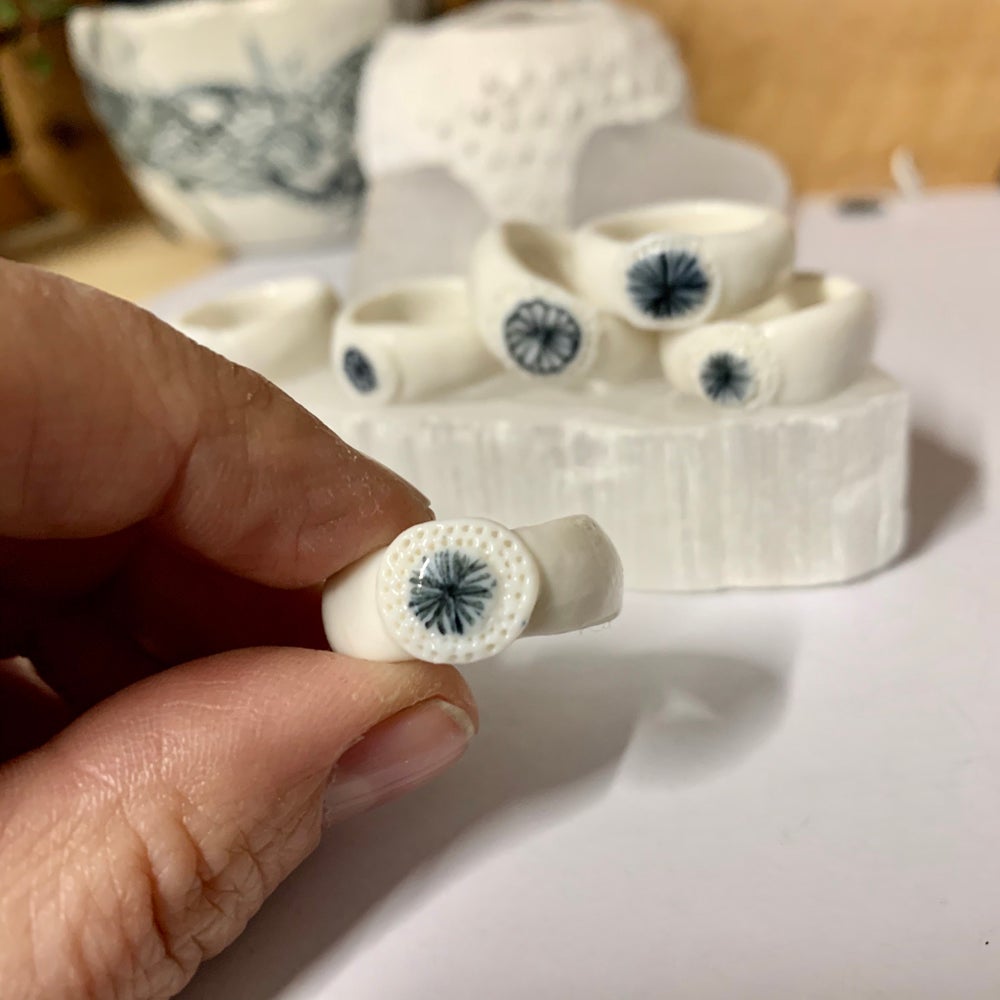 Porcelain band ring with indigo painted detail, choose your size