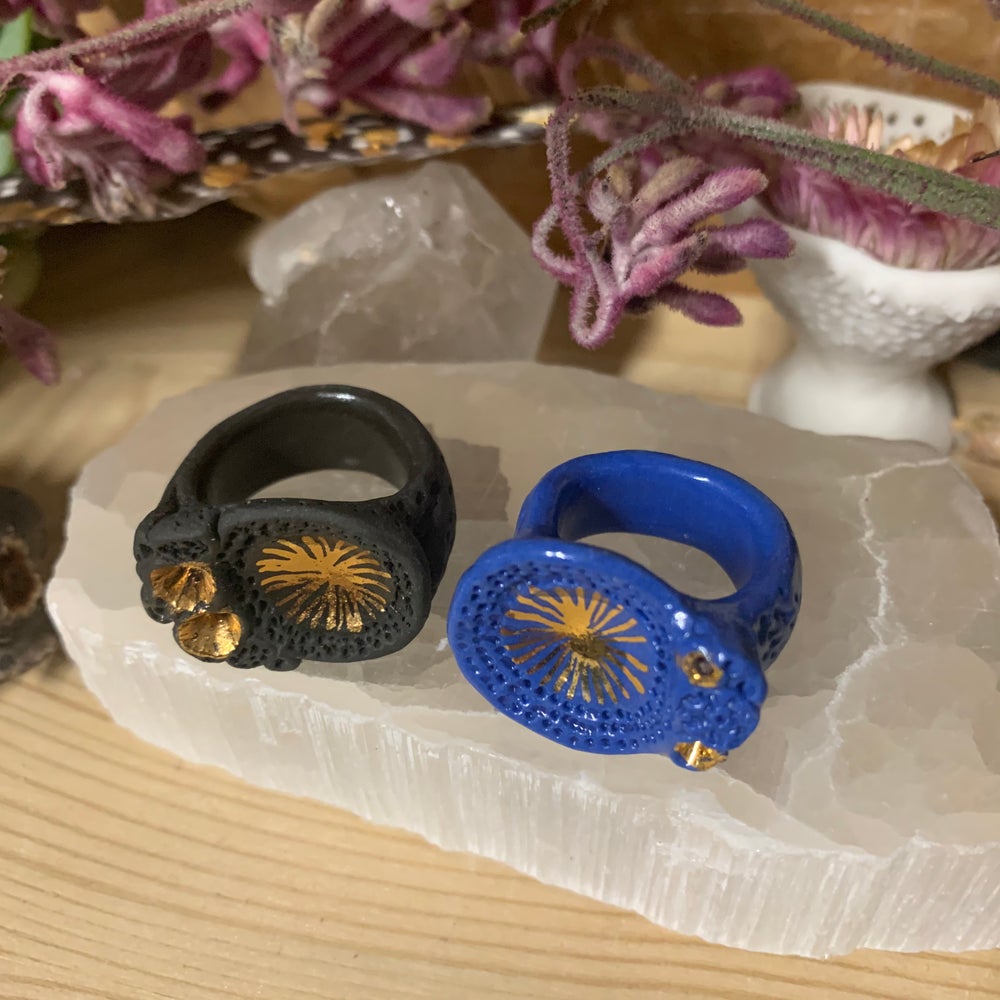 Blue or black ‘rock coral’ handmade coloured porcelain ring with gold lustre