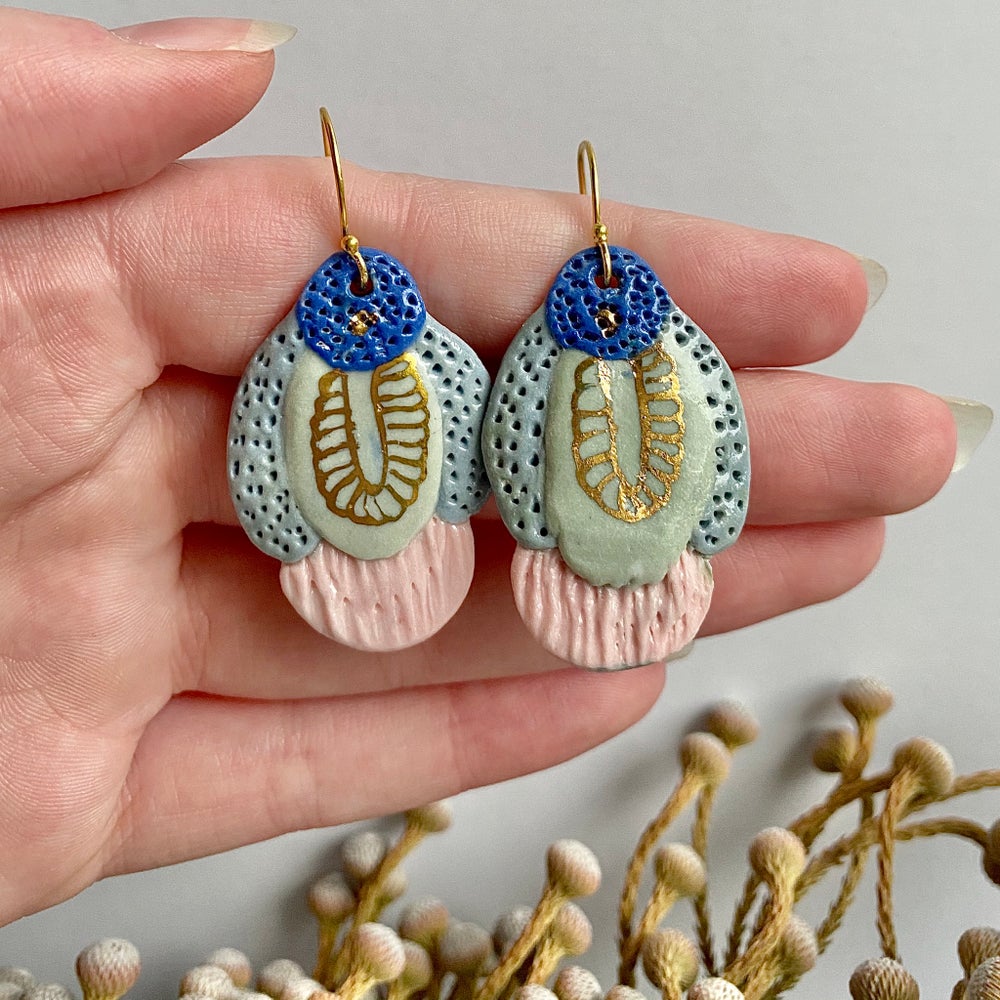 Hand Painted Pink, Blue and Gold Porcelain Earrings