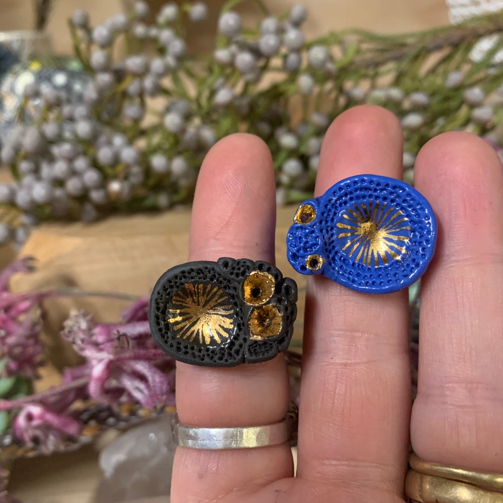 Blue or black ‘rock coral’ handmade coloured porcelain ring with gold lustre