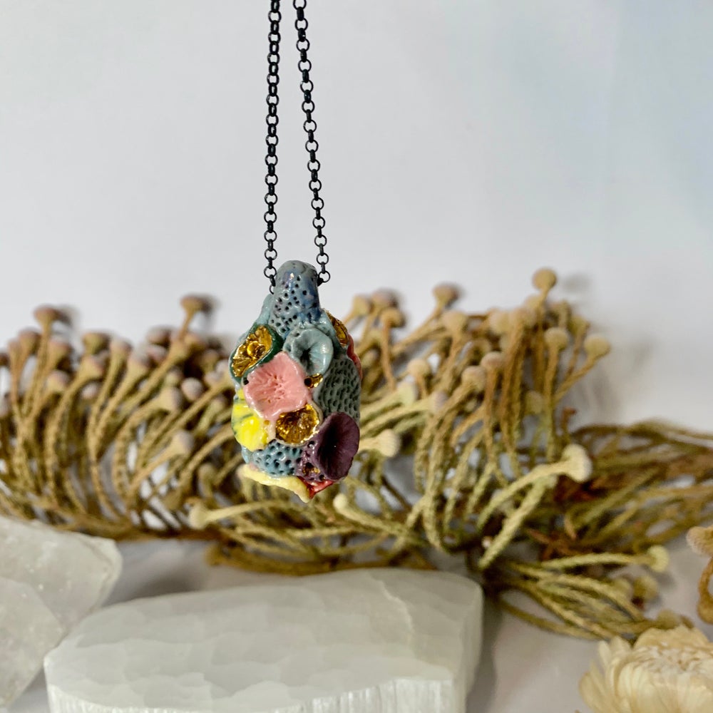 Coloured ‘rock coral’ porcelain pod pendant on oxidised sterling silver chain