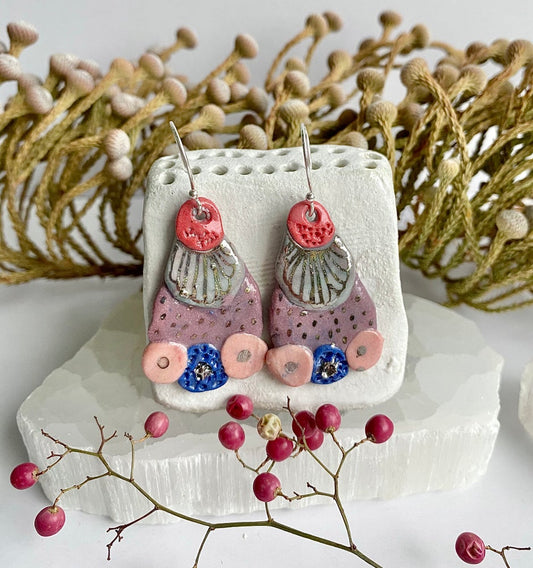 Hand Painted Pink, Blue, Purple and Gold Porcelain Earrings