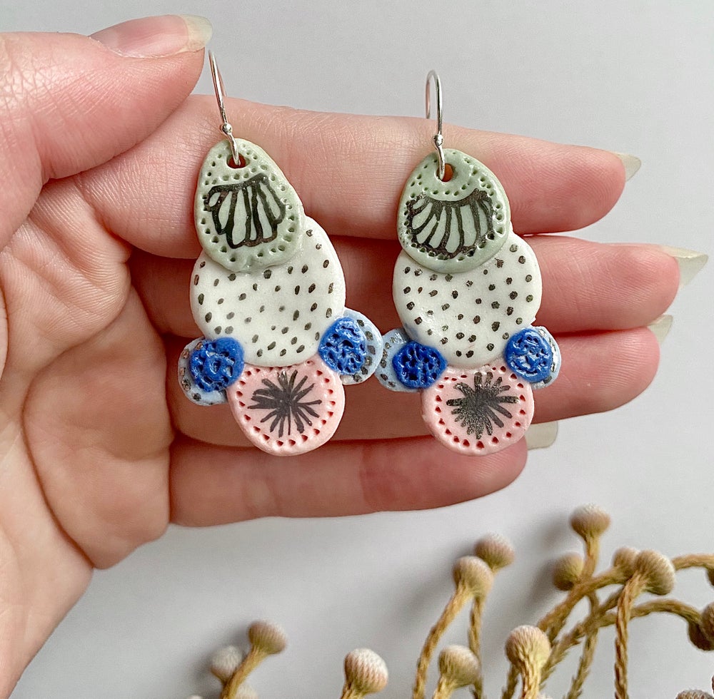 Hand Painted Blue, Pink, White and Silver Porcelain Earrings