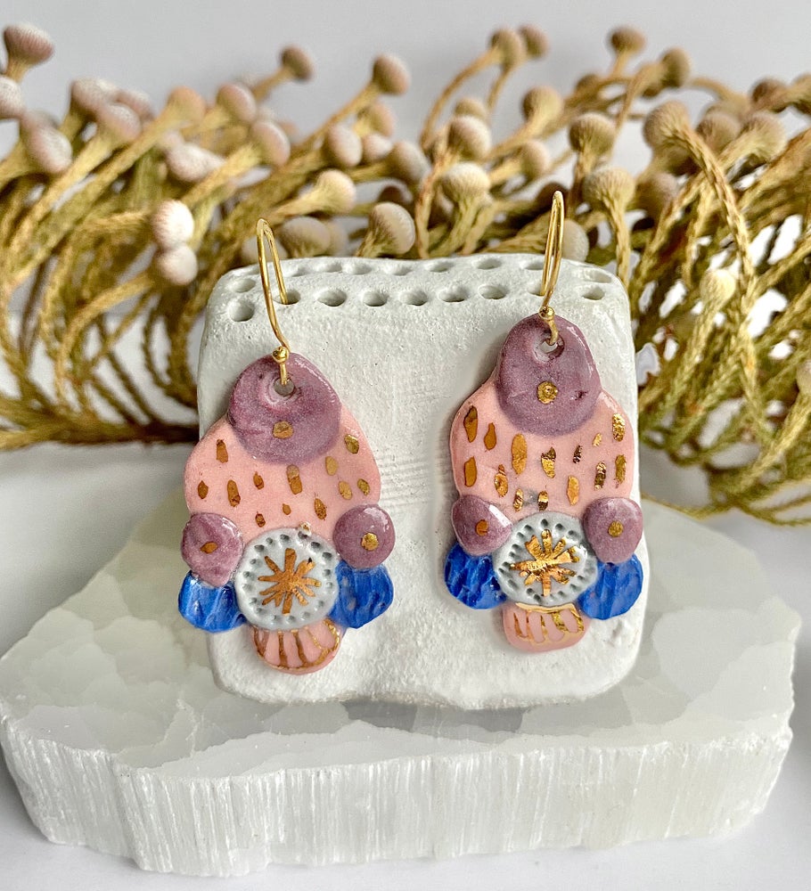 Hand Painted Purple, Pink, Blue and Gold Porcelain Earrings