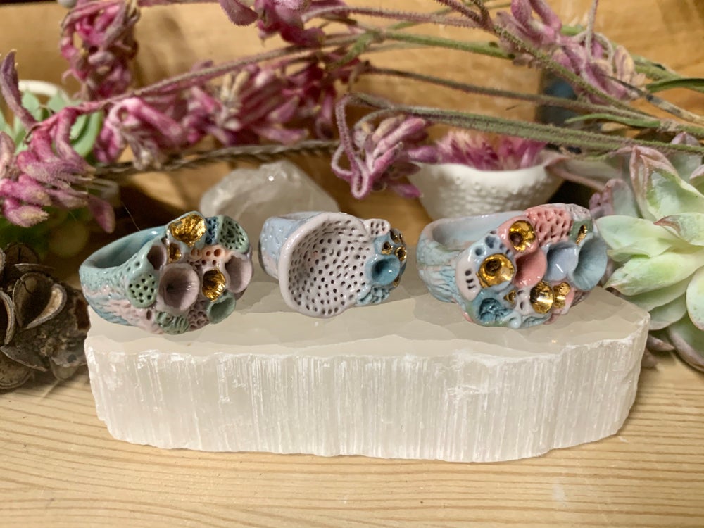 Lilac, green, light blue ‘rock coral’ handmade porcelain ring
