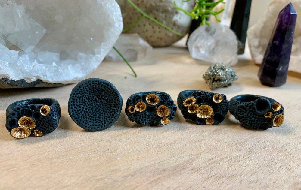 Black porcelain + gold lustre ‘rock coral’ ring, choose a size