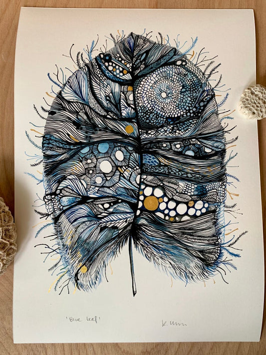 ‘Blue leaf’ print with hand applied gold ink
