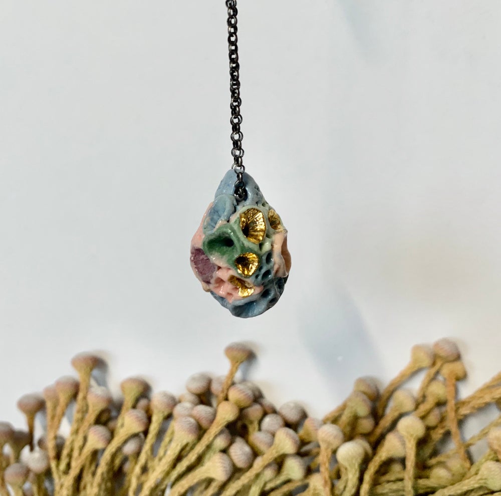 Coloured ‘rock coral’ pod pendant on oxidised sterling silver chain