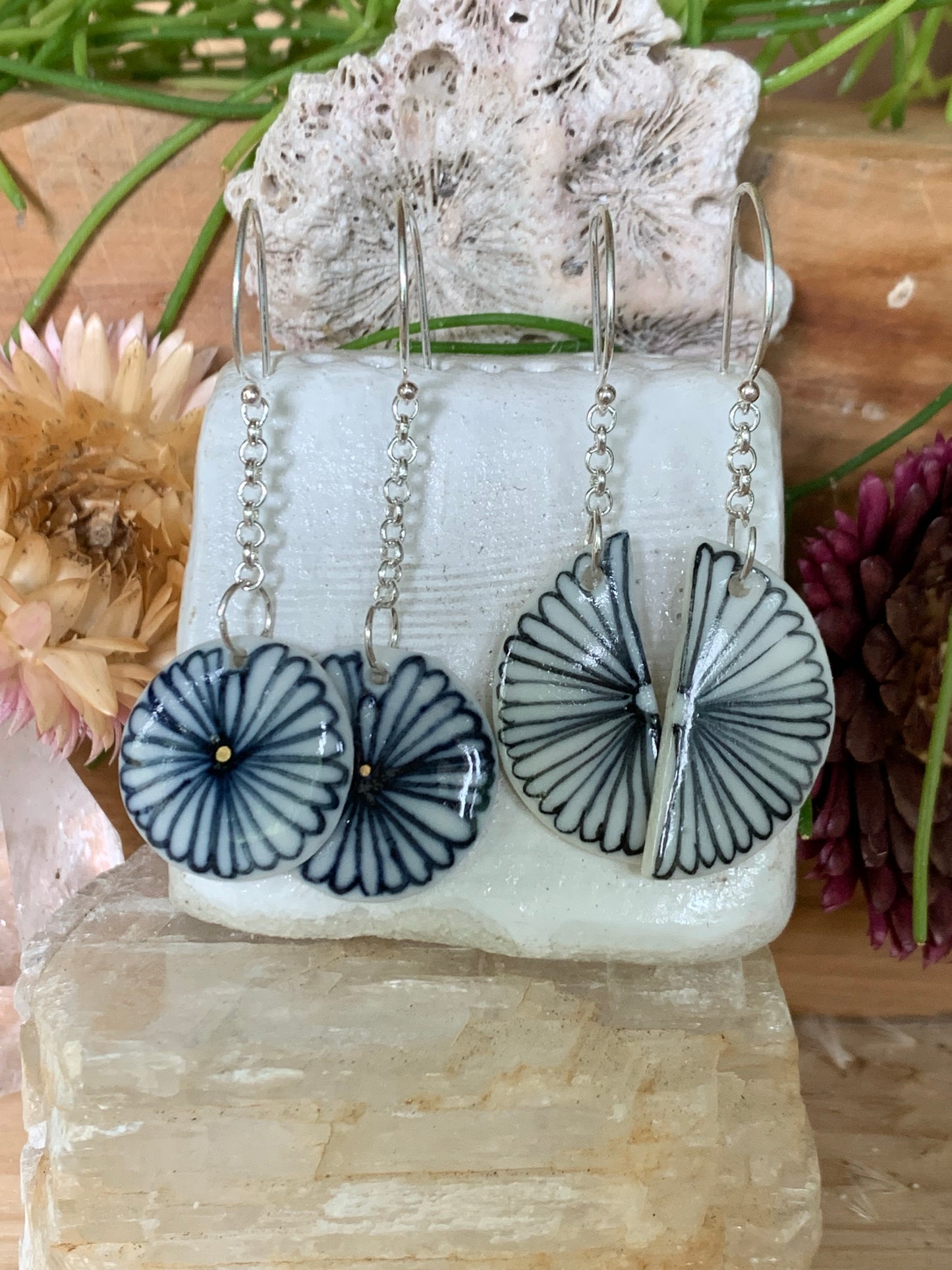Porcelain ‘indigo flower’ chain earrings