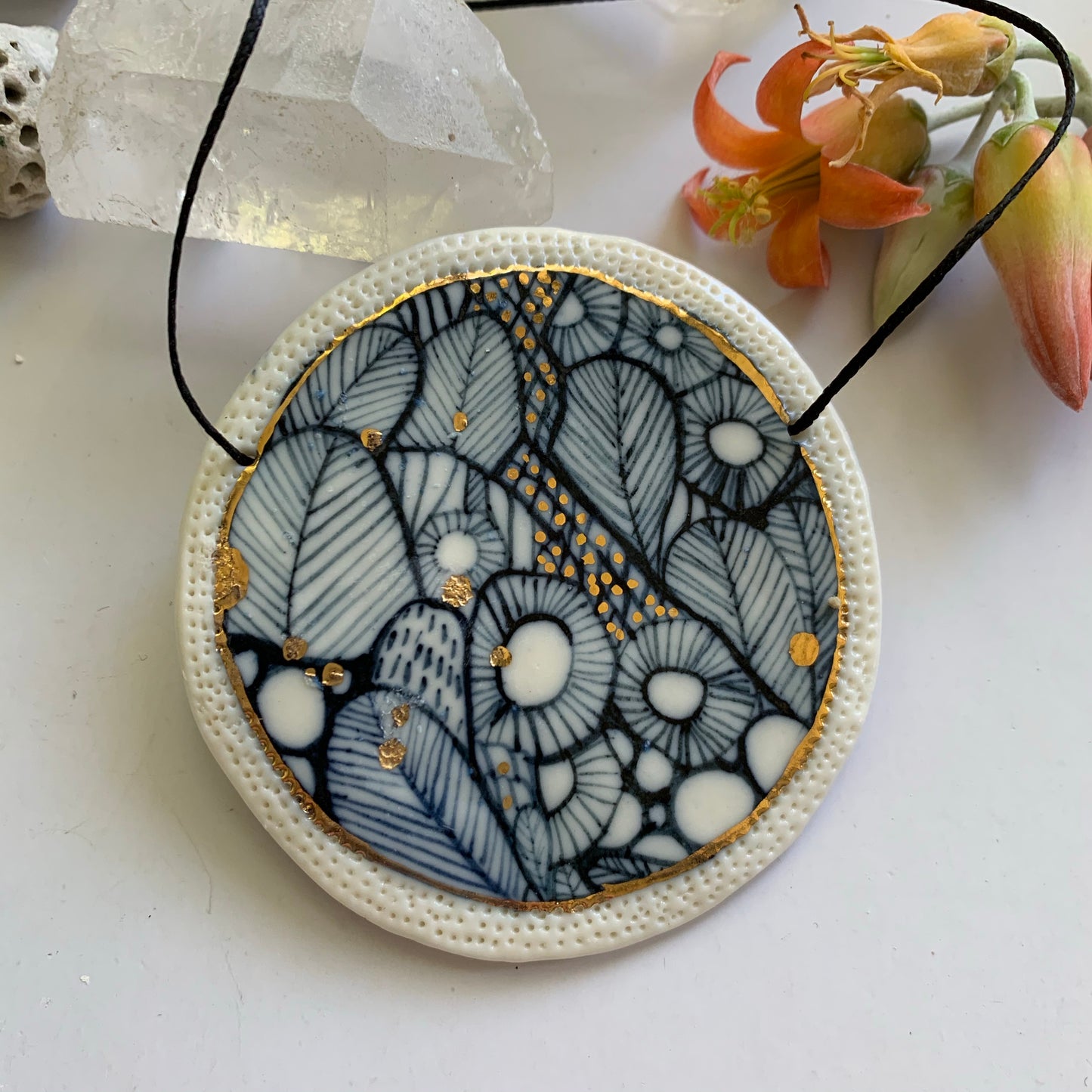 Indigo hand painted pendant with gold lustre detail