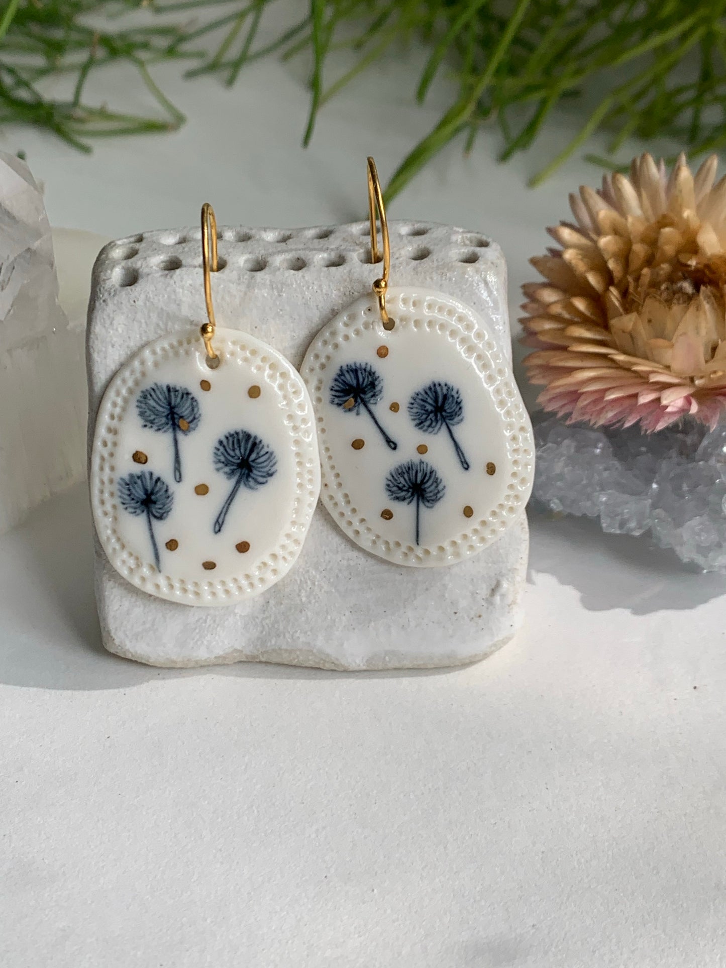 Hand Painted Dandelion Porcelain Earrings