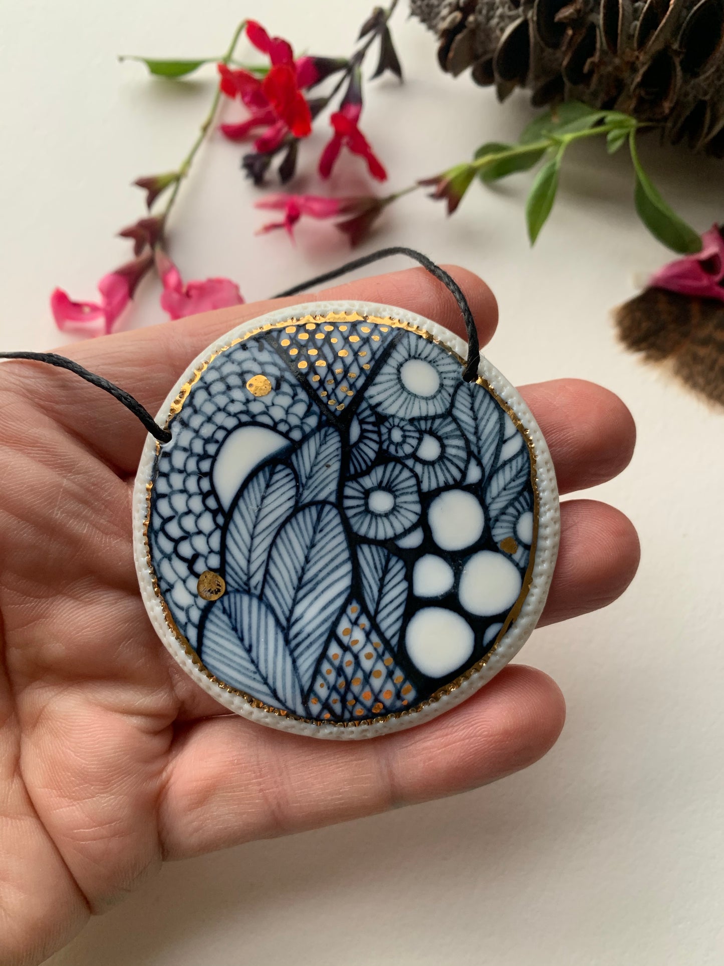 Porcelain Hand Painted Pendant with Gold Lustre Detail