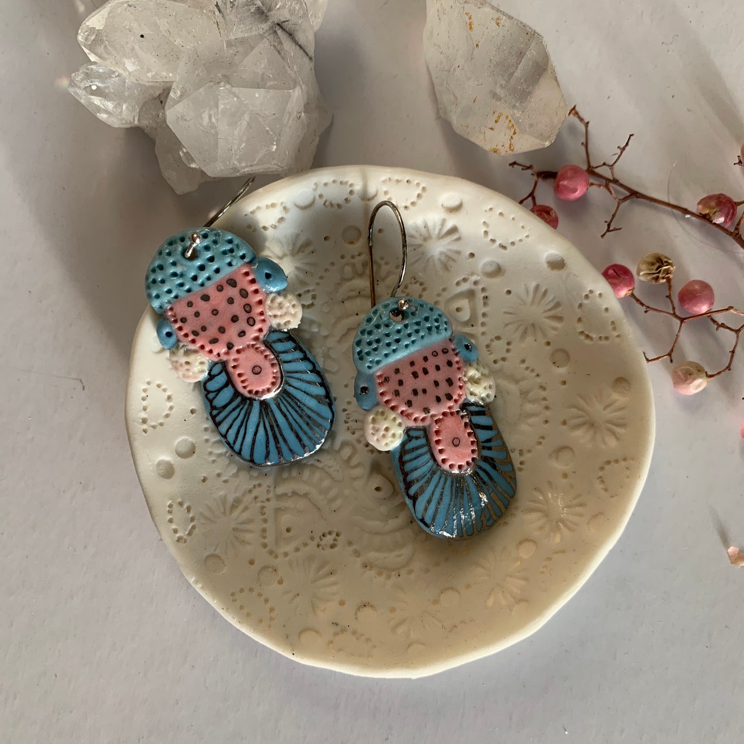 Blue, pink and silver porcelain earrings
