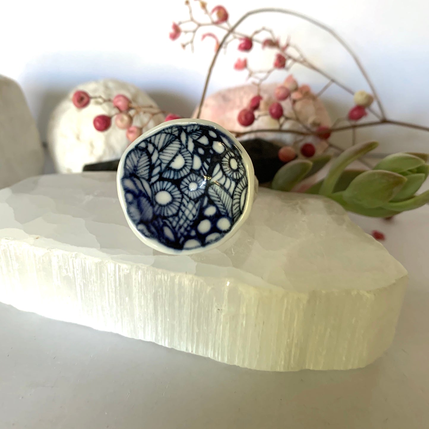 Blue hand painted ‘sea foam ’ porcelain ring