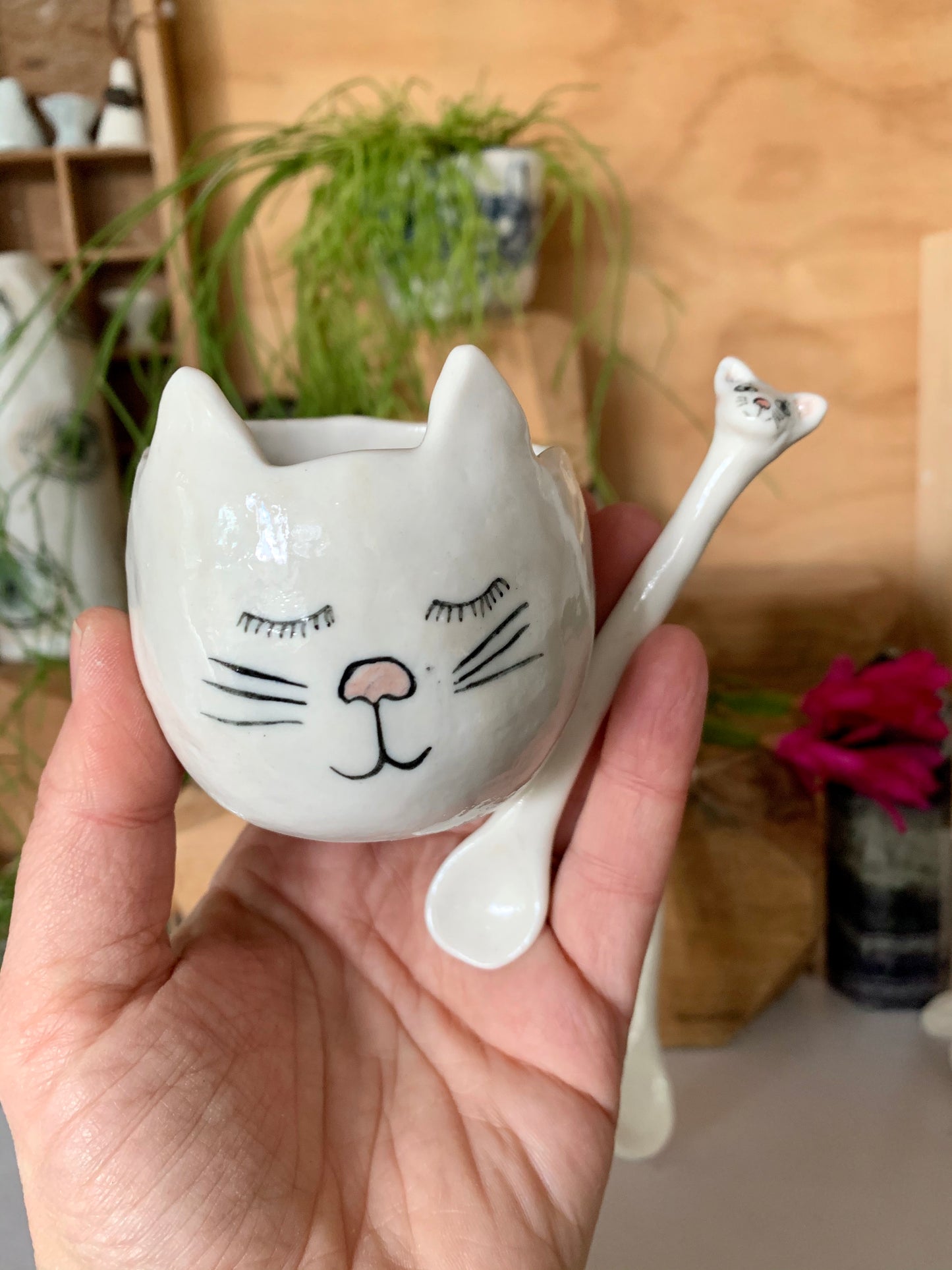 One set - Painted ‘Cat’ small Salt/ sugar/ spice bowl and spoon