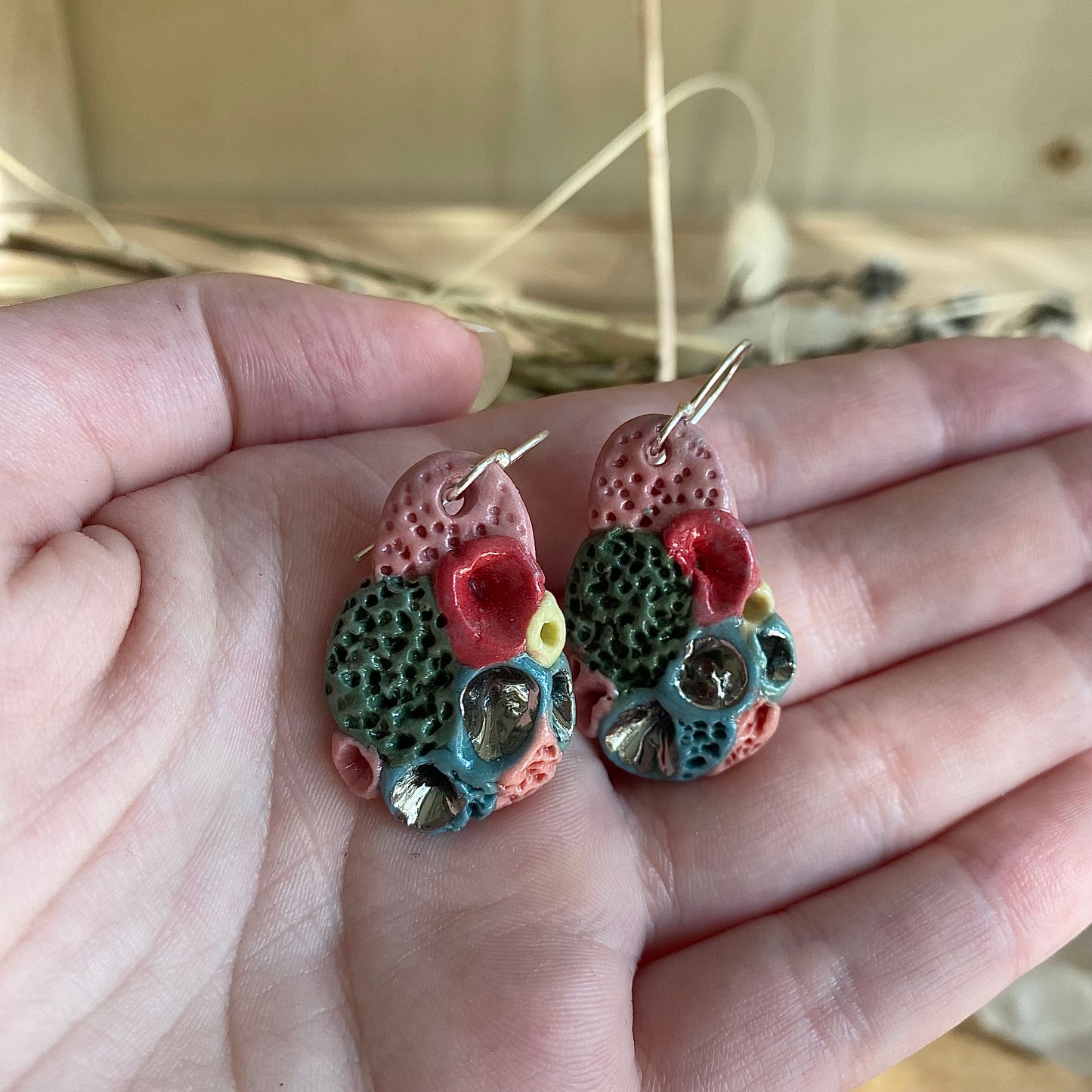 Hand Made Coral Earrings Pink Green Fuscia with Silver Detail