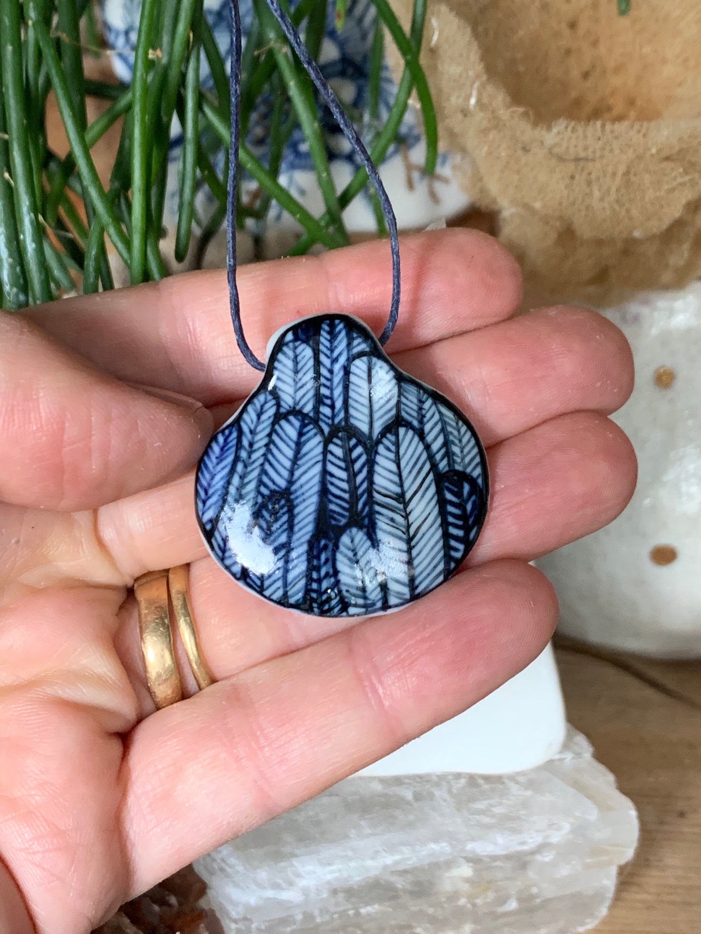 Hand Painted small  indigo ‘feather’ Pendant