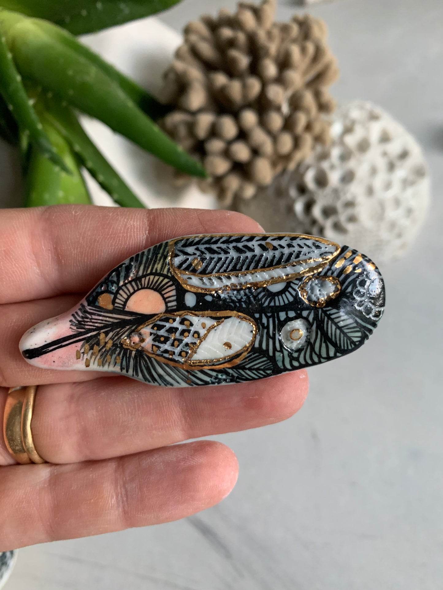 Sgraffito and hand painted ‘feather’ brooch, choose one