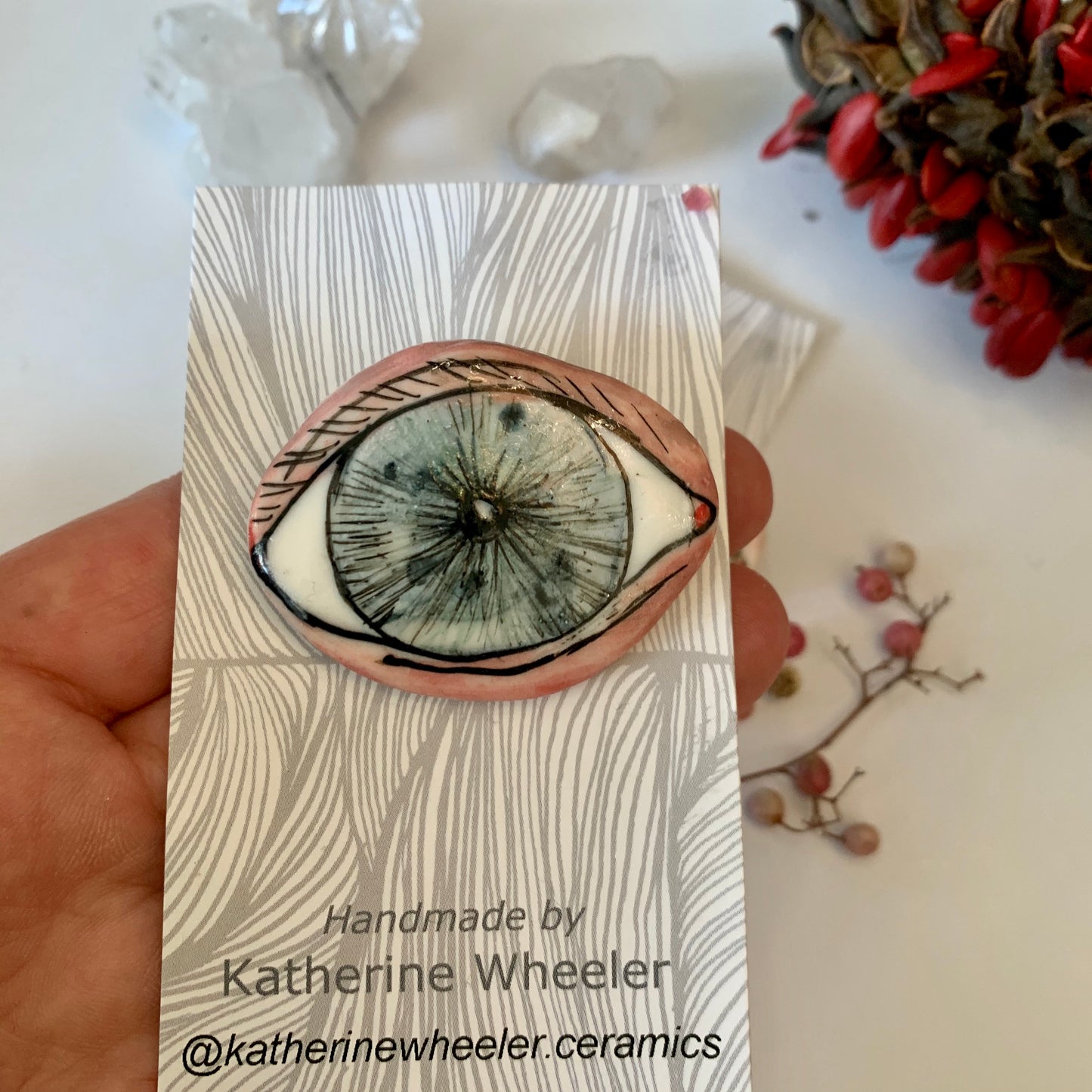 ‘The protective eye’ handpainted porcelain brooch, choose one
