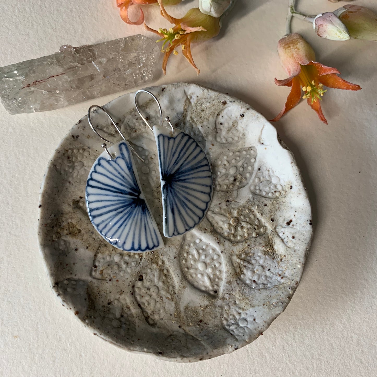 Half moon indigo ‘flower’ porcelain earrings