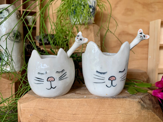 One set - Painted ‘Cat’ small Salt/ sugar/ spice bowl and spoon