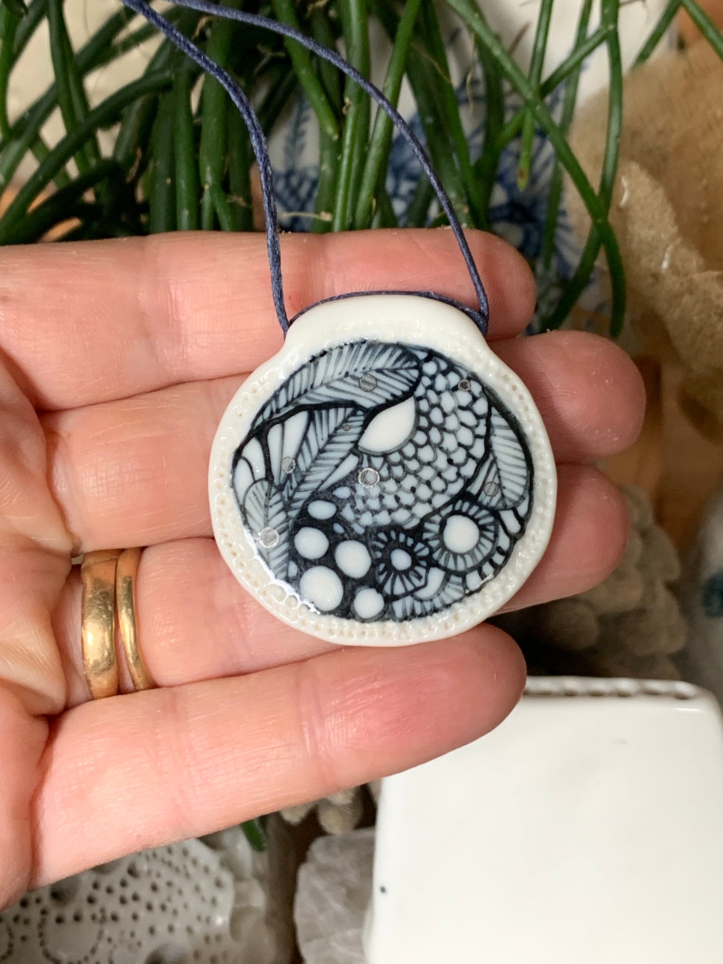 Hand Painted small  ‘Seafoam’ Pendant with Silver detail