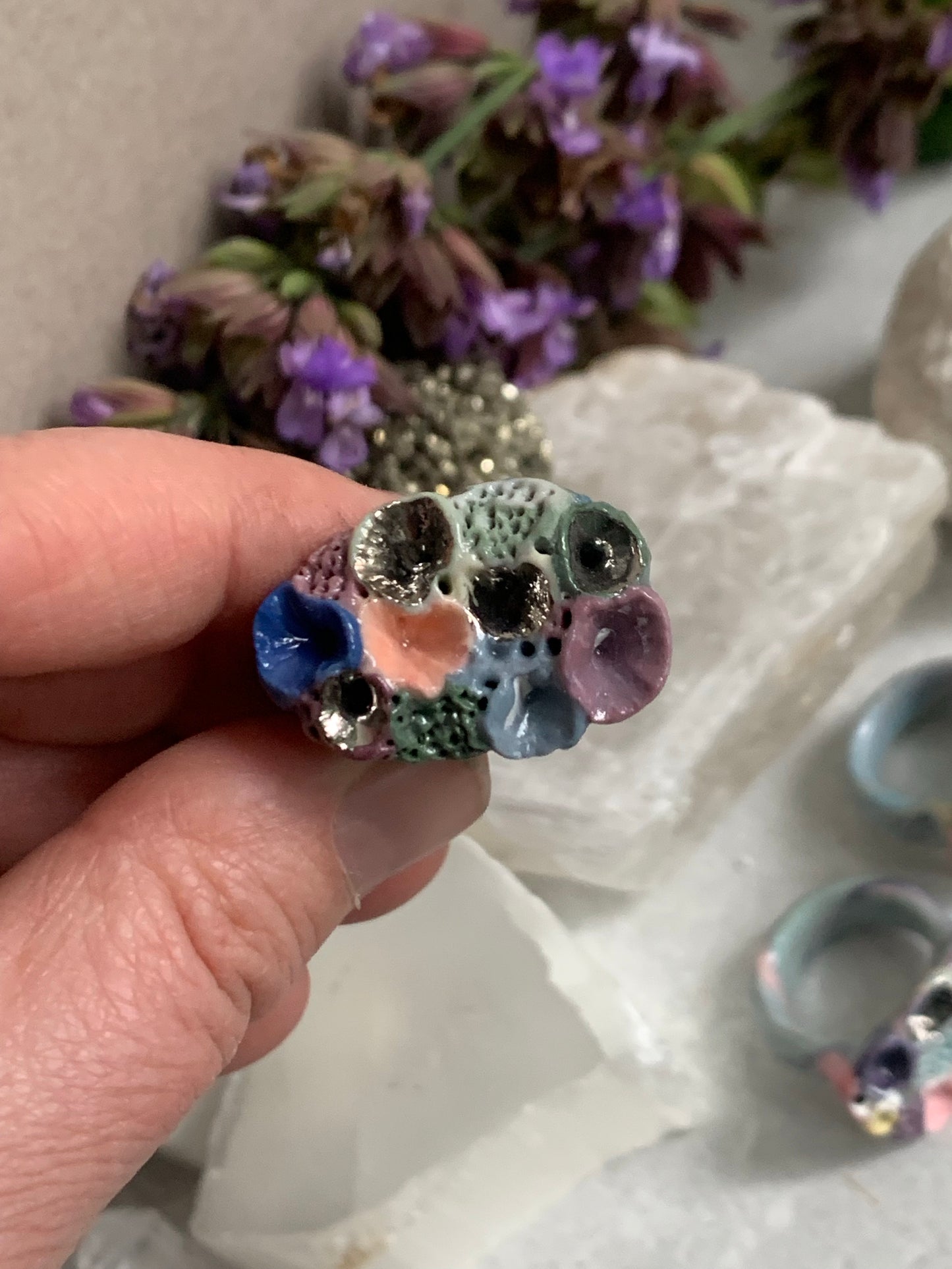One silver lustre with Blue/ pink / purple  tones ‘rock coral’ porcelain ring