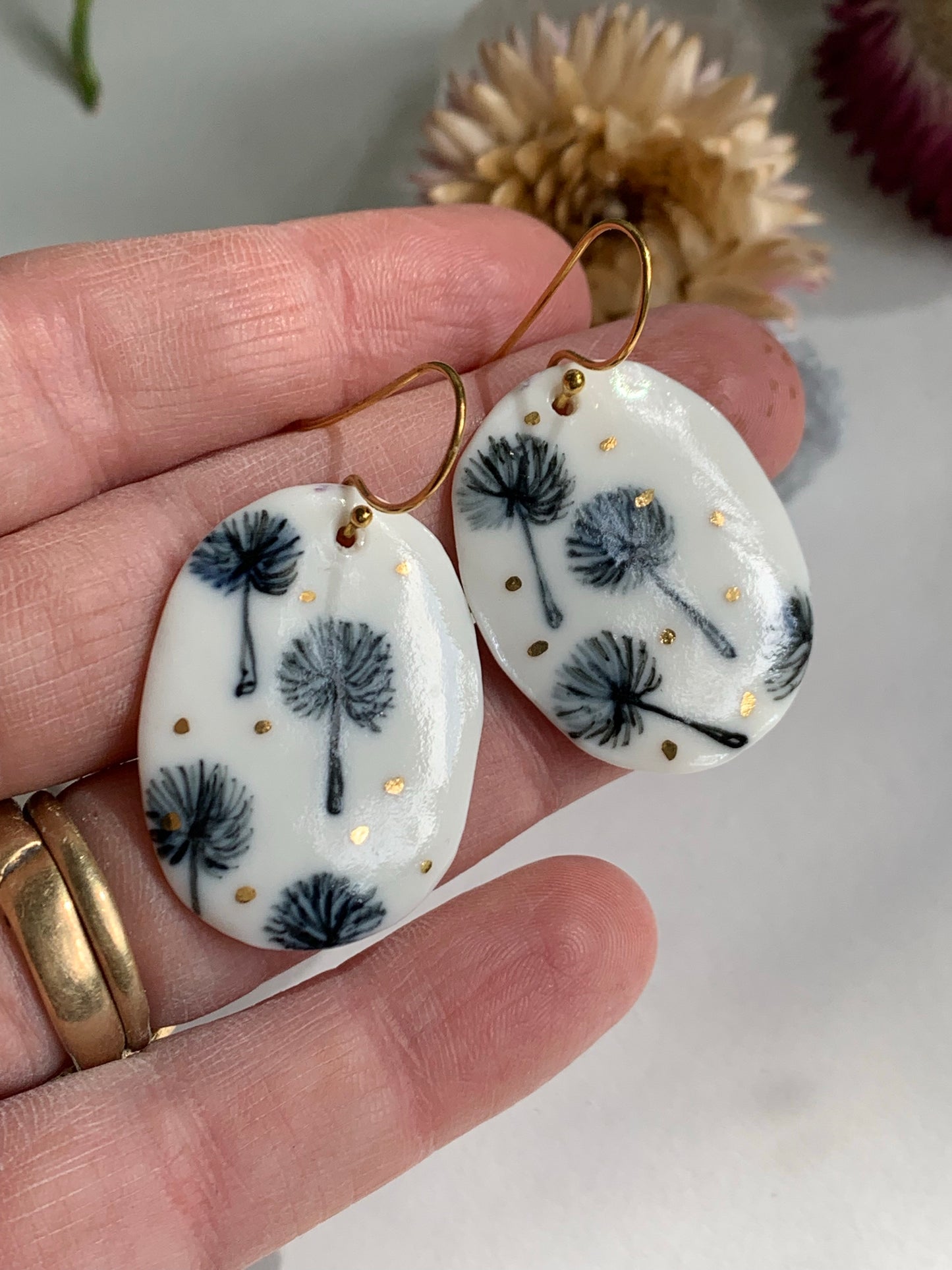 Hand Painted Dandelion Porcelain Earrings
