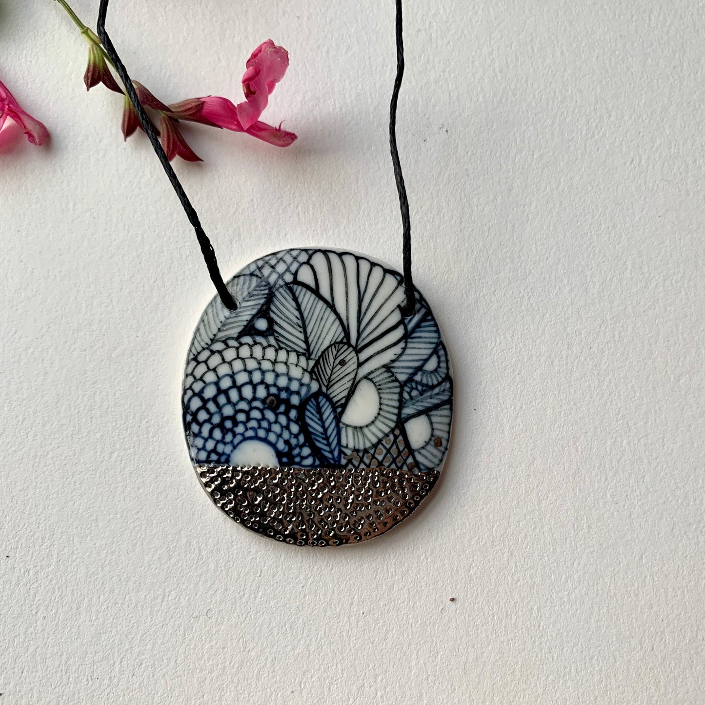 Porcelain Hand Painted Pendant with Silver Lustre Detail