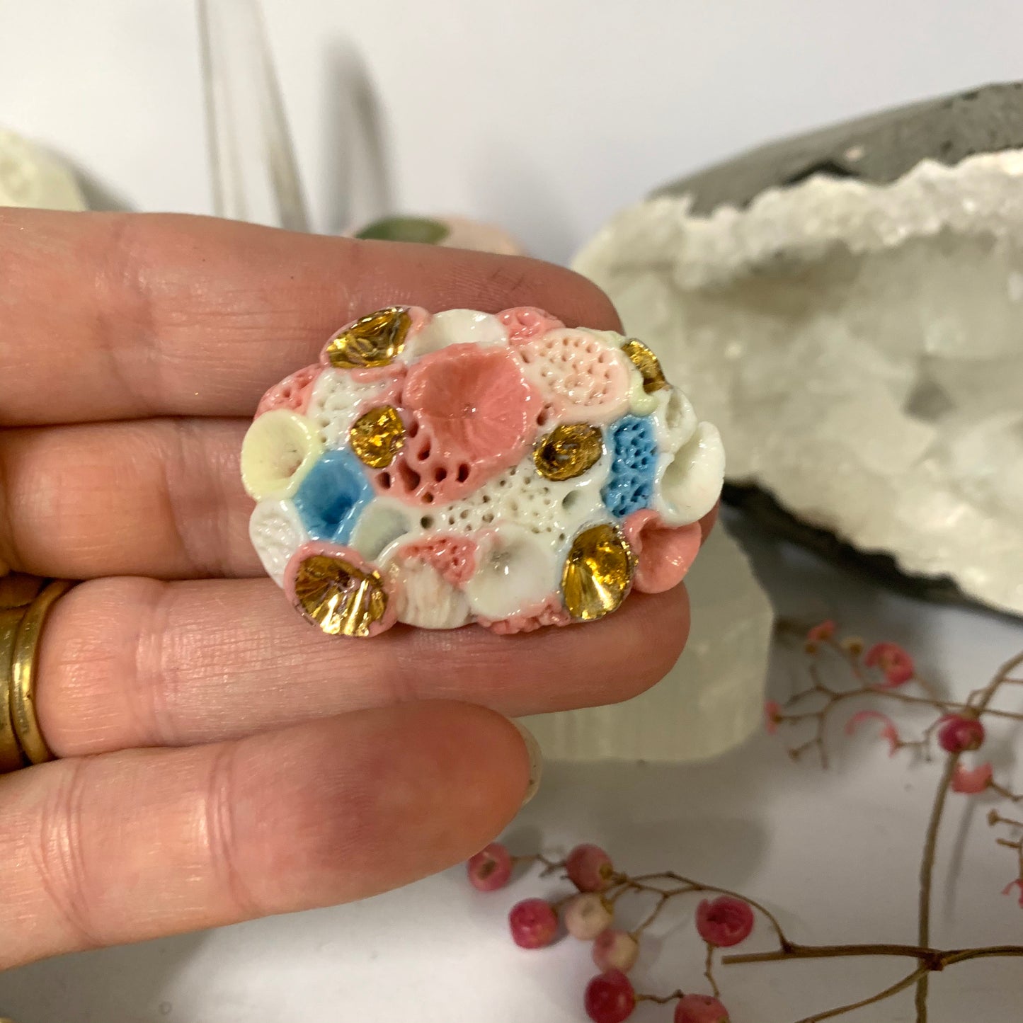 ‘Rock coral’ coloured porcelain brooch, choose one