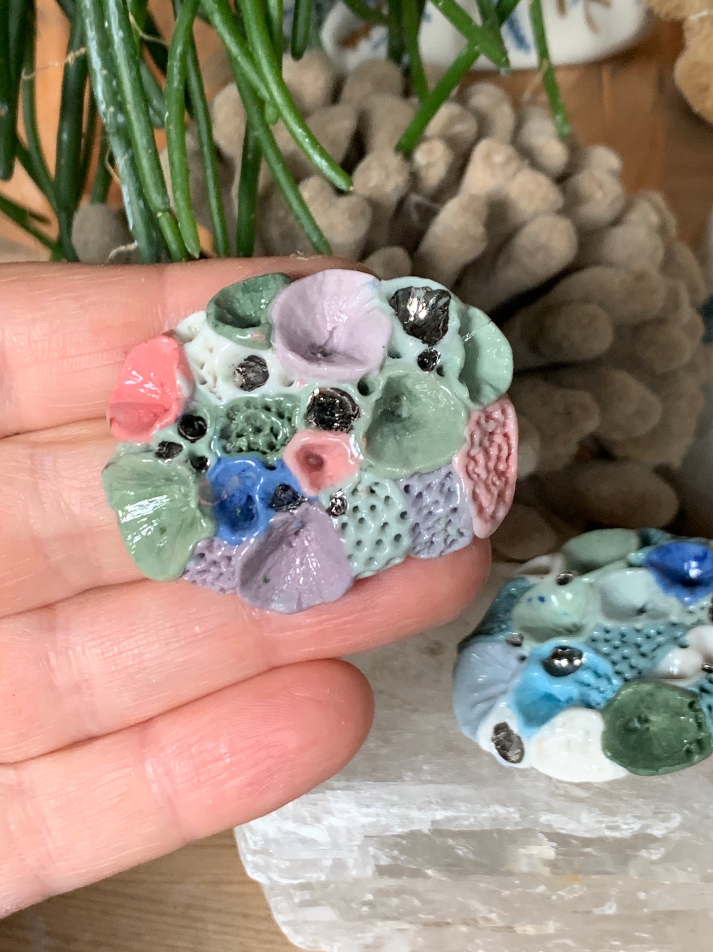 Green and lilac tones ‘Rock coral’ coloured porcelain brooch, choose one