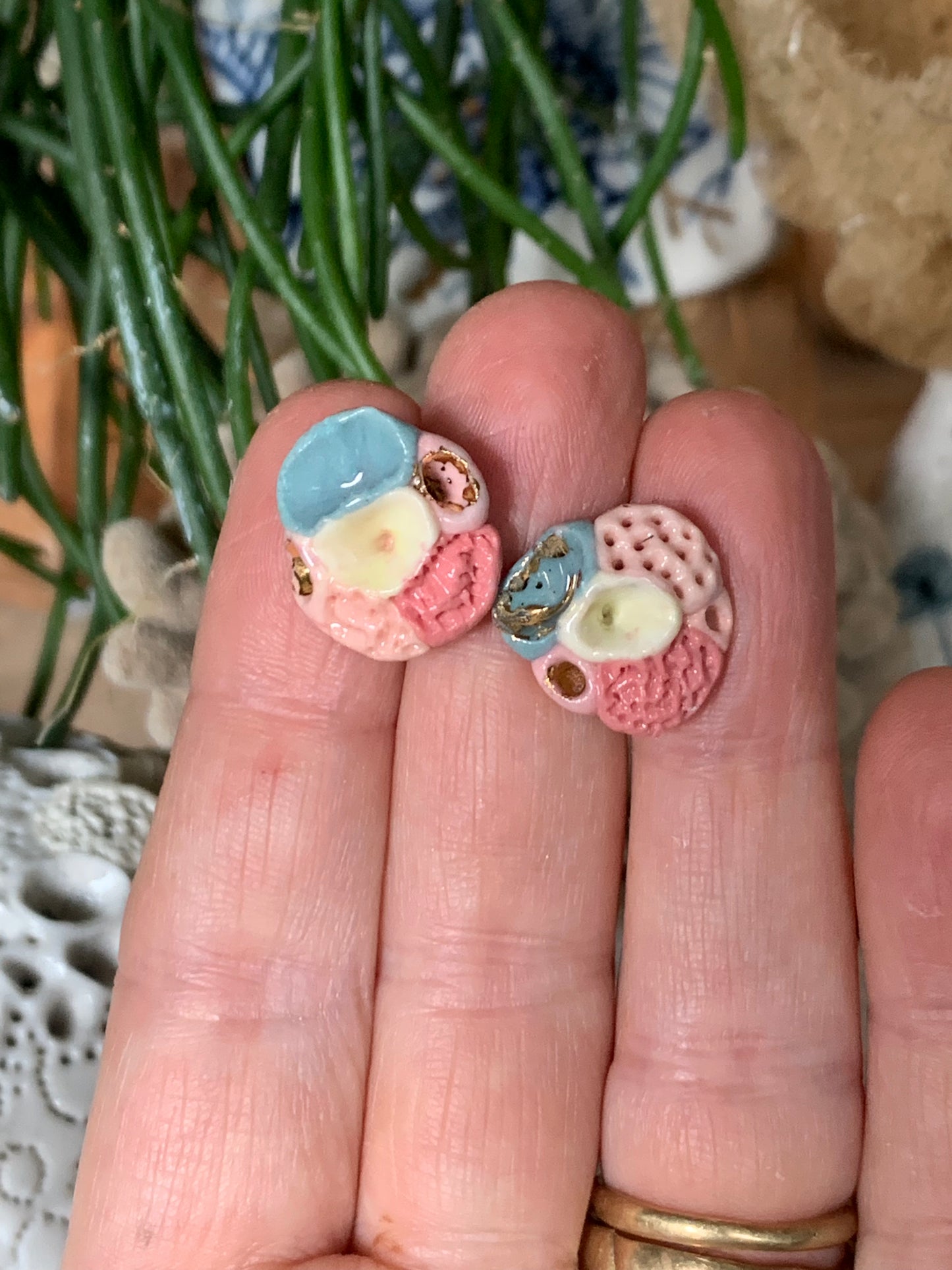 Coral and gold lustre porcelain ‘coral’ studs, choose a pair