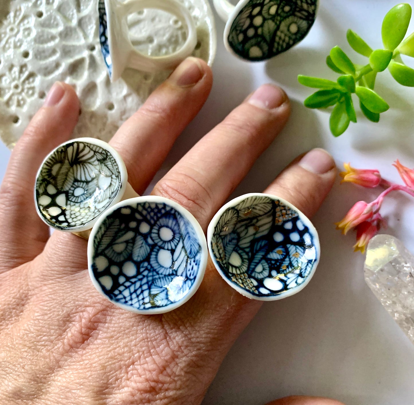 Blue hand painted ‘sea foam ’ porcelain ring