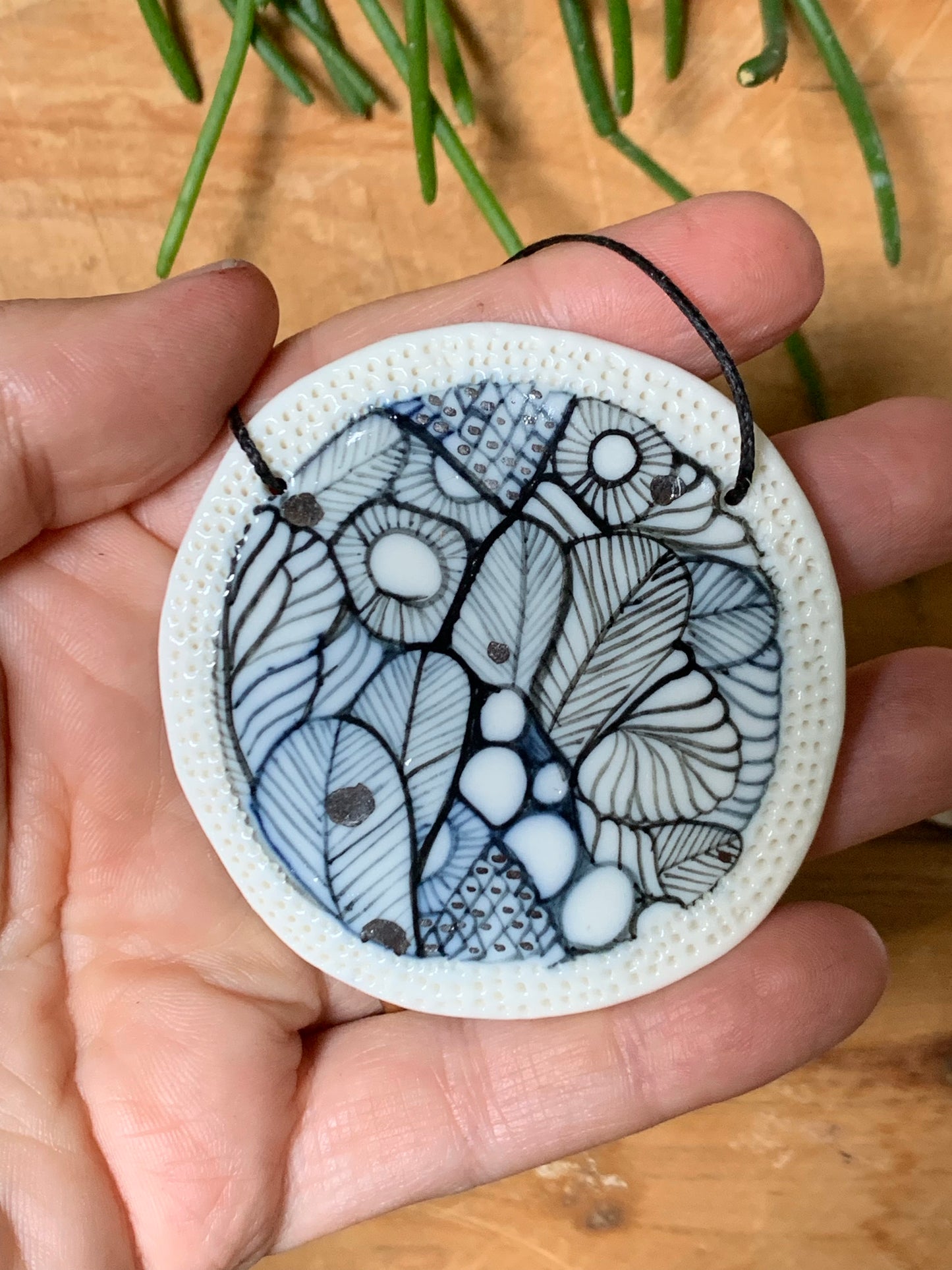Indigo hand painted pendant with silver lustre detail