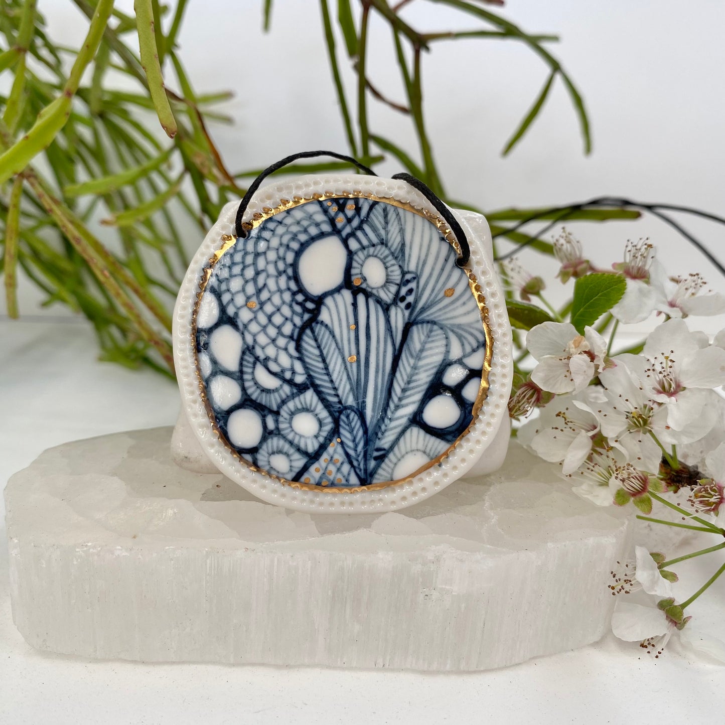 Porcelain Pendant Painted by Hand with Gold Details